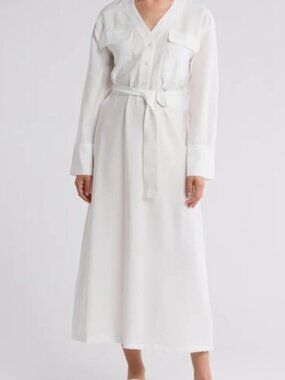 ELLEN TRACY White Long Sleeve V Neck Linen Look Maxi Dress Medium - Excellent